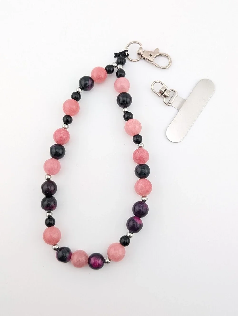 NWT Phone Lanyard/ Key Chain Bracelet Wrist Strap With Pink & Black Beads